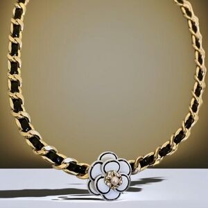 Gold Plated Braided Patent Camellia Flower Crystal Pearl Necklace